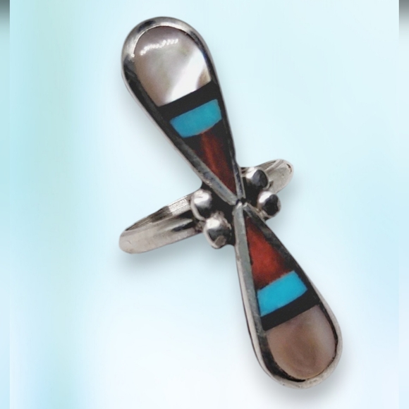 Jewelry - Native American Zuni Mother of Pearl, Coral, Turquoise, Sterling Silver Ring